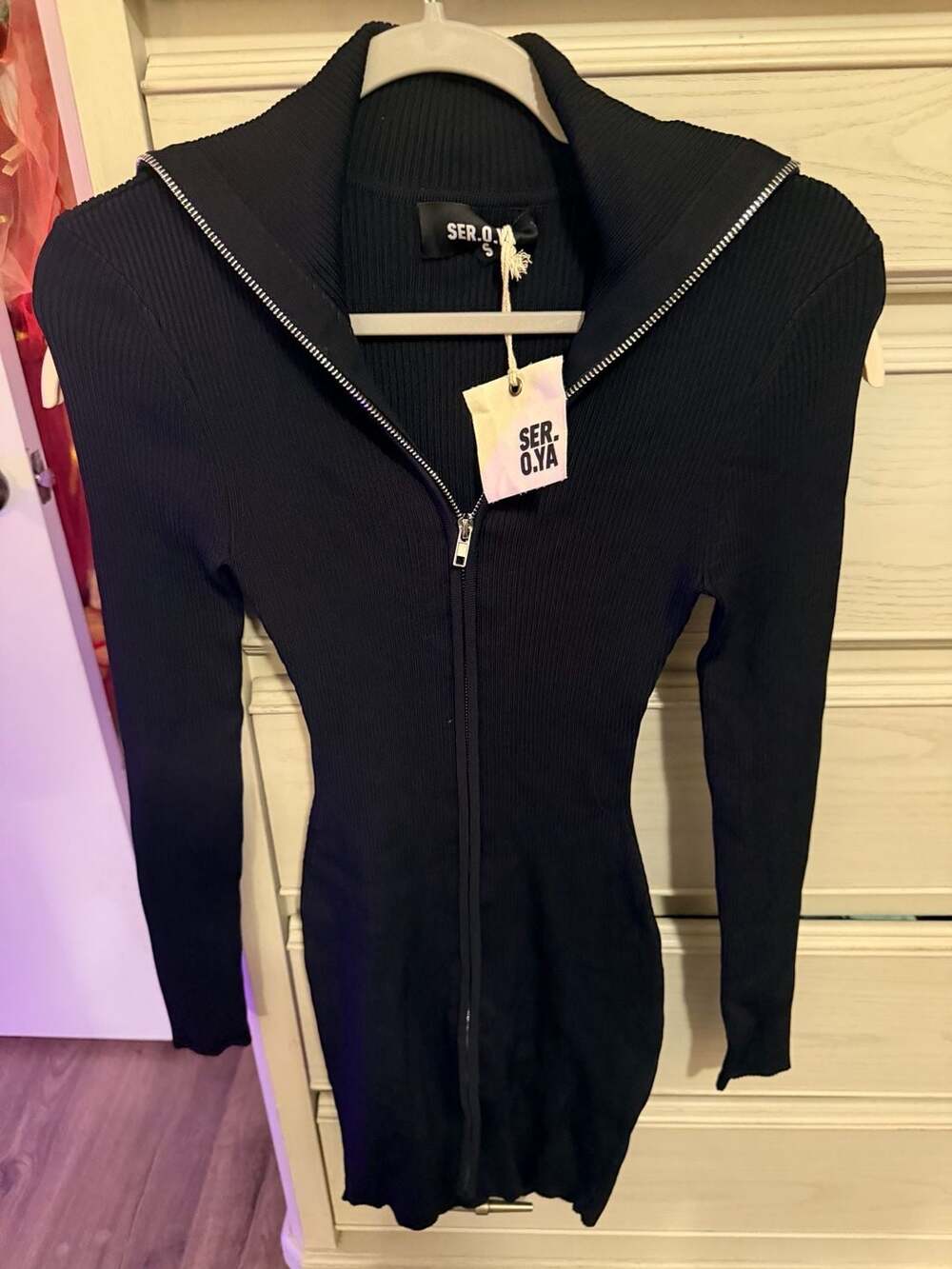 SER.O.YA Ribbed Zip Front Mini Dress in Black